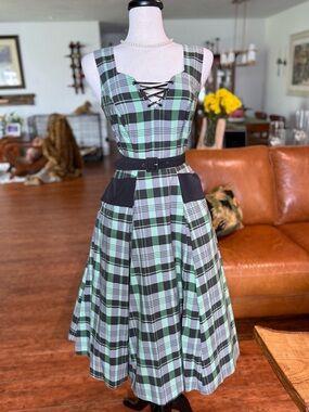 ☘️Miss Candyfloss Green & Black Plaid Retro Swing Dress